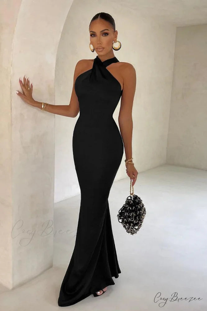 Bianca Cross Over Charming Halter Neck Dress S / Black