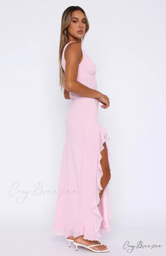 Bianca Slit Stylish Maxi Ruffled Dress Pink / L