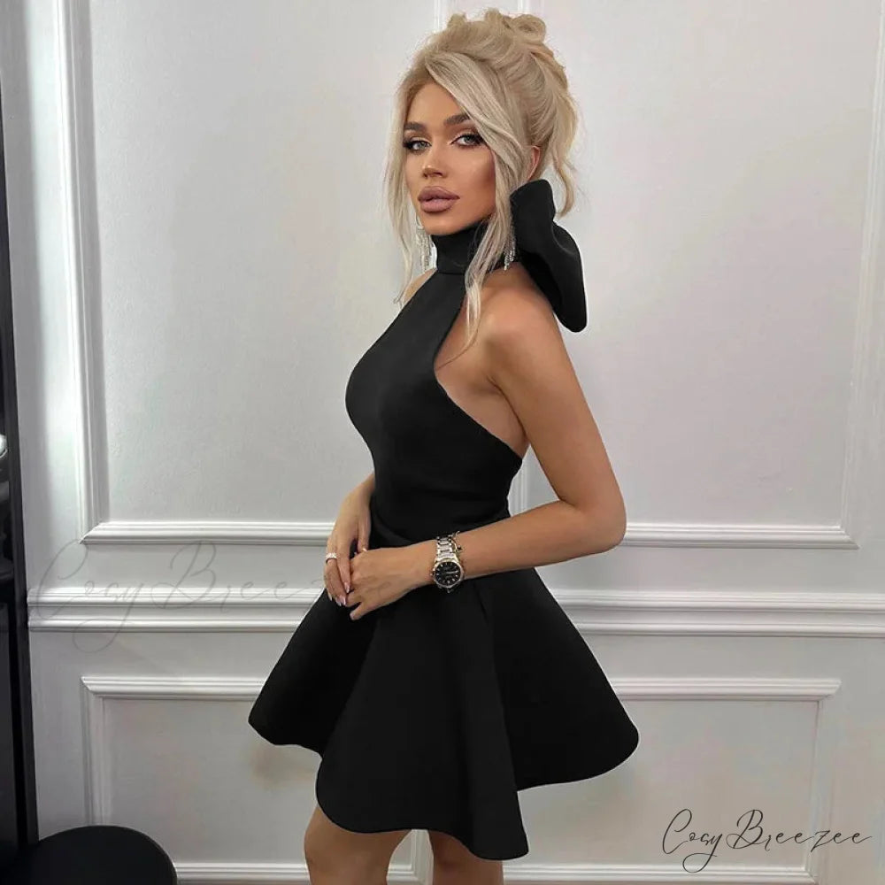 Big Bow Halter Charming Flare Mini Dress