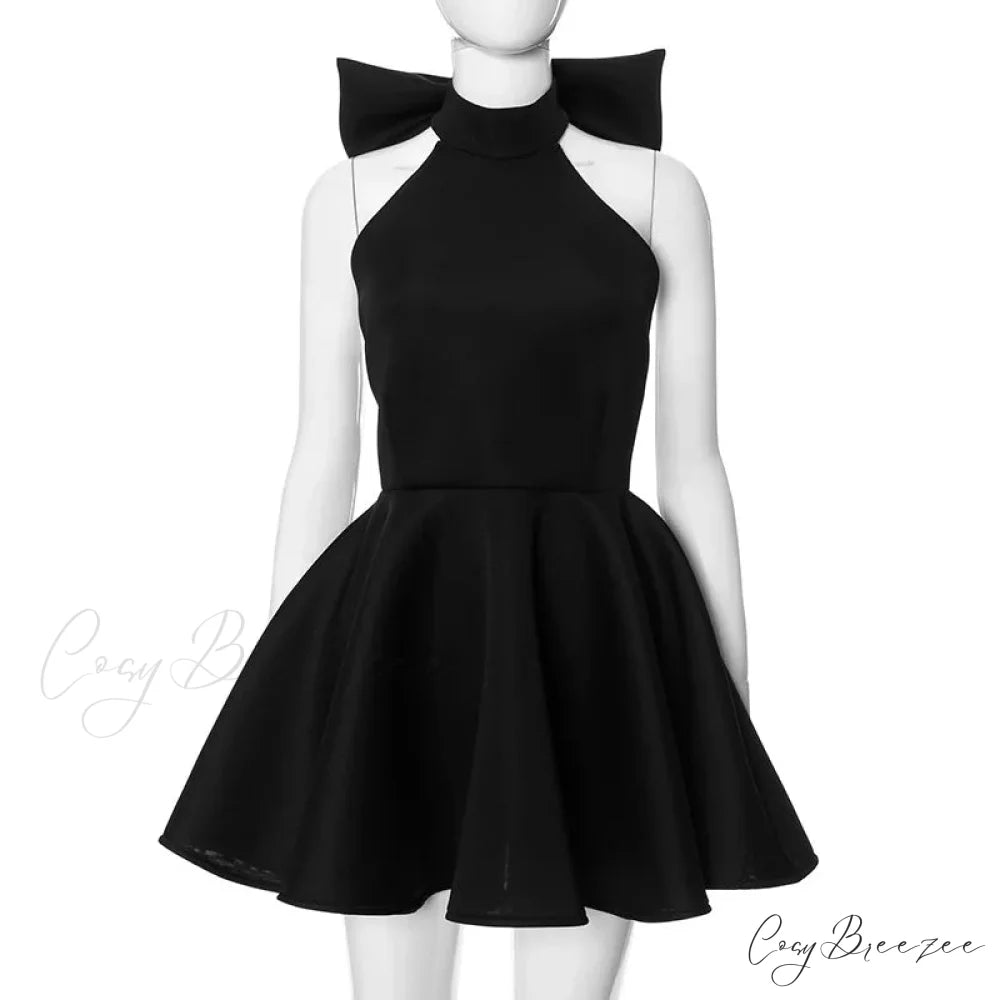 Big Bow Halter Charming Flare Mini Dress Black / M