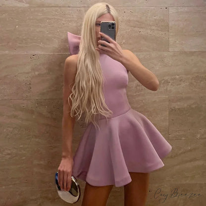 Big Bow Halter Charming Flare Mini Dress Purple / M