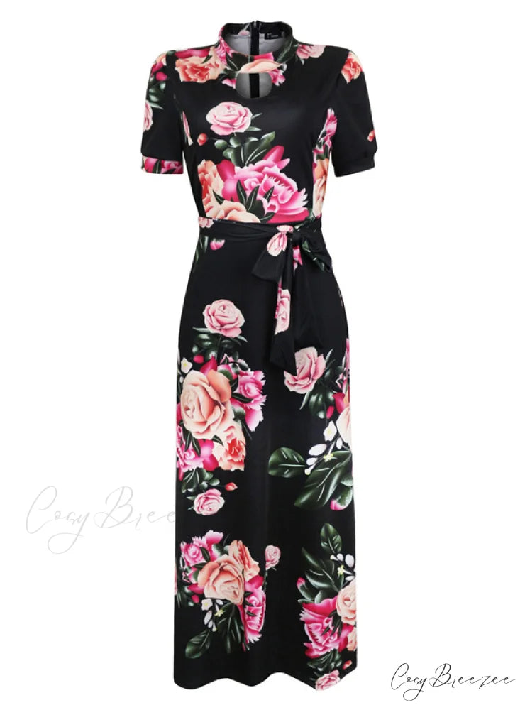 Big Gown Flowered with Full-Length Long Design Swing M / BLACK