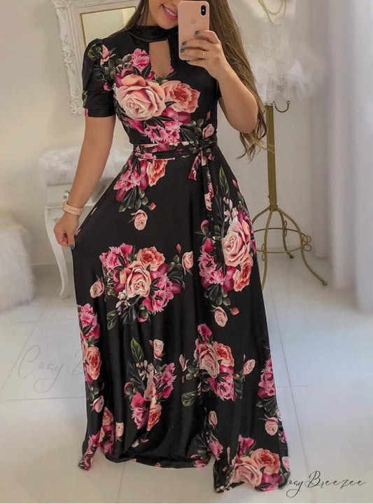 Big Gown Flowered with Full-Length Long Design Swing S / BLACK