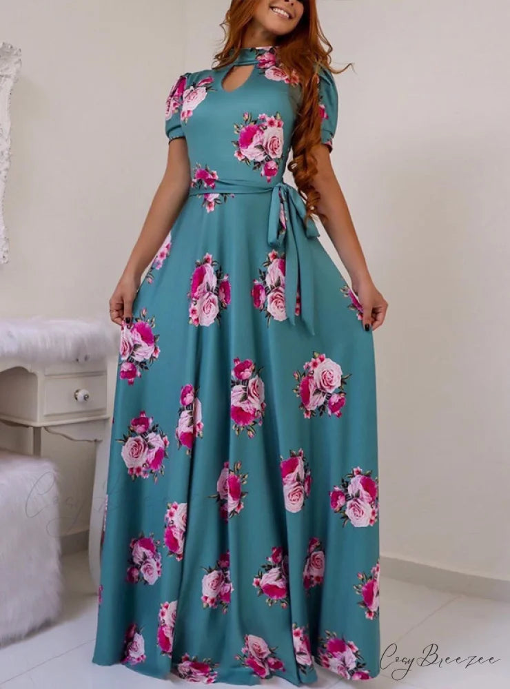 Big Gown Flowered with Full-Length Long Design Swing S / BLUE