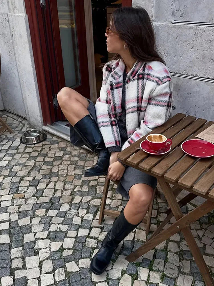 Big Plaid Print Woolen Bomber Coat coats-241228