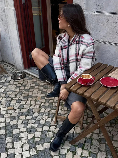 Big Plaid Print Woolen Bomber Coat coats-241228