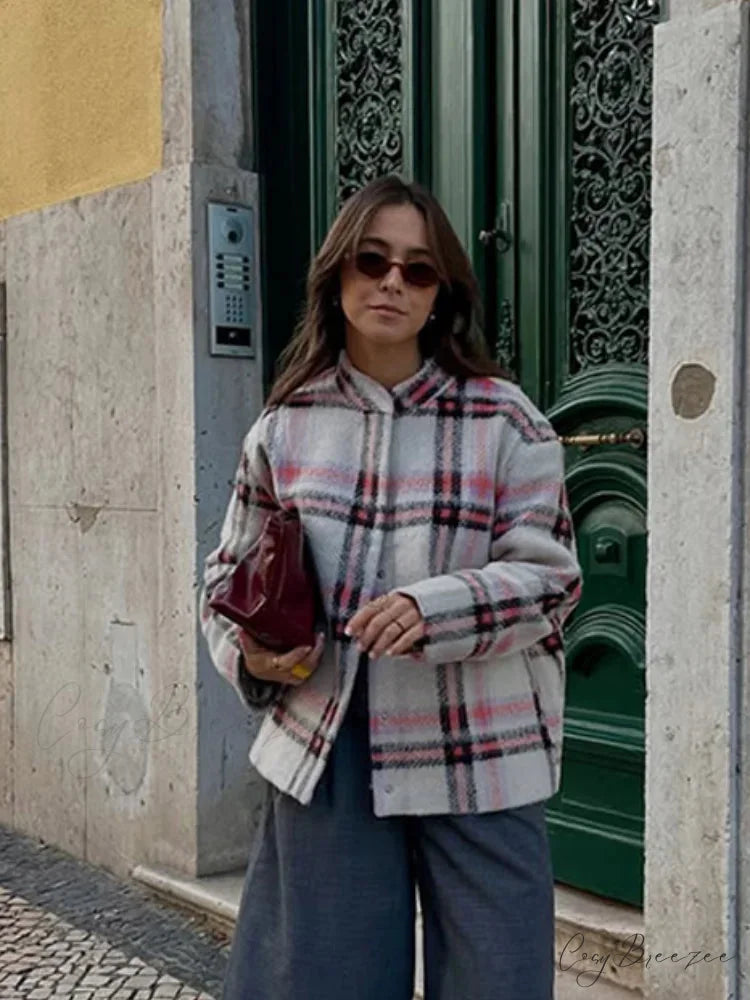 Big Plaid Print Woolen Bomber Coat coats-241228