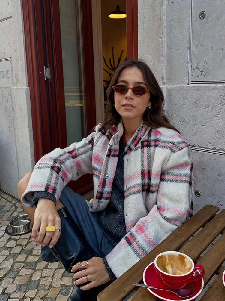 Big Plaid Print Woolen Bomber Coat Plaid / S coats-241228