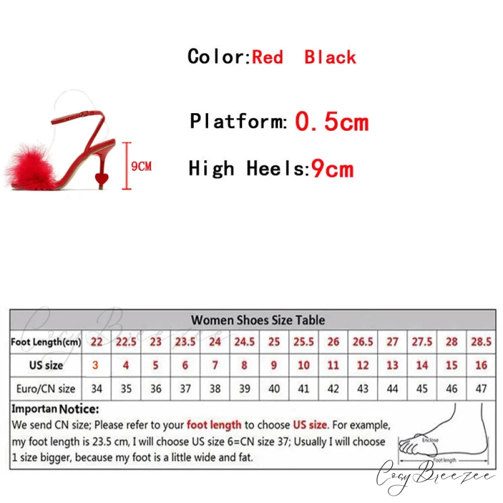 Big Size 42 Sexy Ankle Strap High Heels Fluffy Feather Women Sandals Summer Gladiator Square Toe Party Dress Shoes