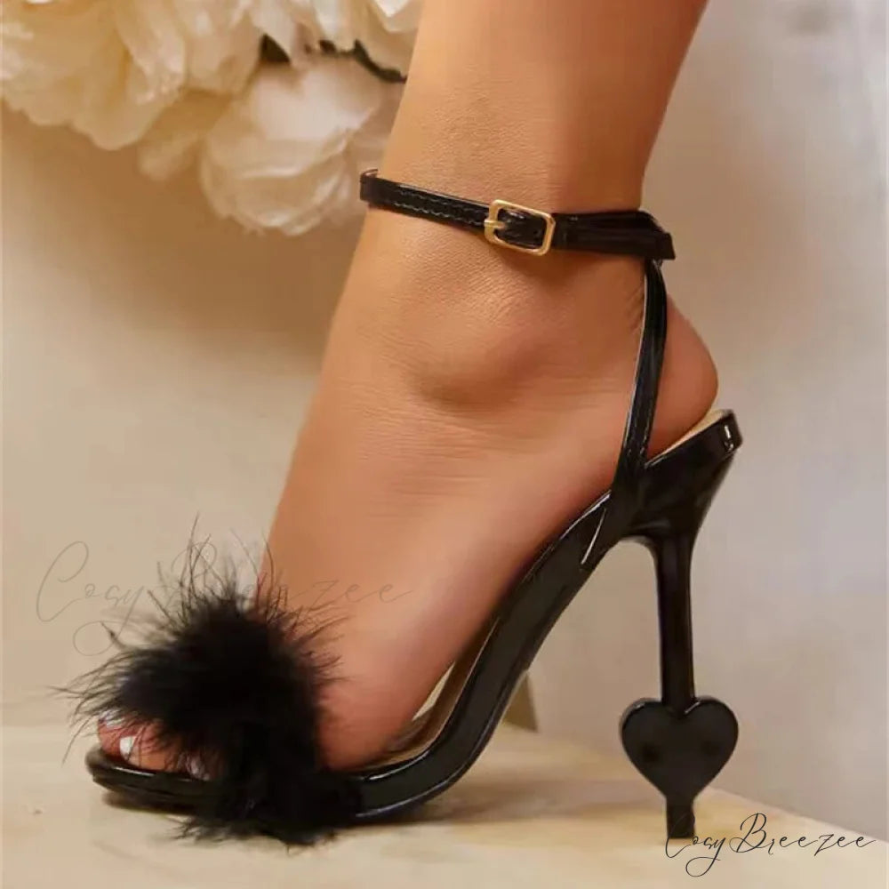 Big-Size 42 Sexy Ankle-Strap Strange High-Heels Fluffy-Feather Sandals Gladiator Square-Toe Party Dress High Heel