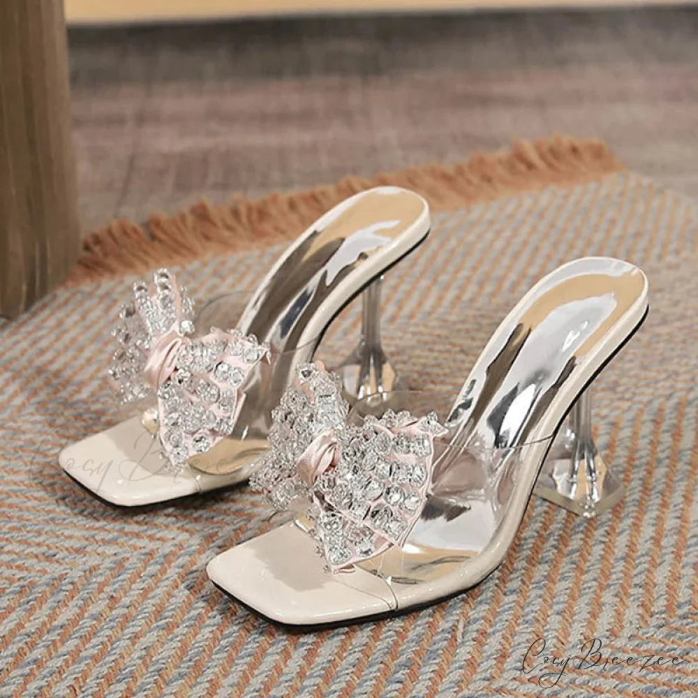 Big Size Women’s Clear High Heel Sandals with Crystal Bowknot Square Toe