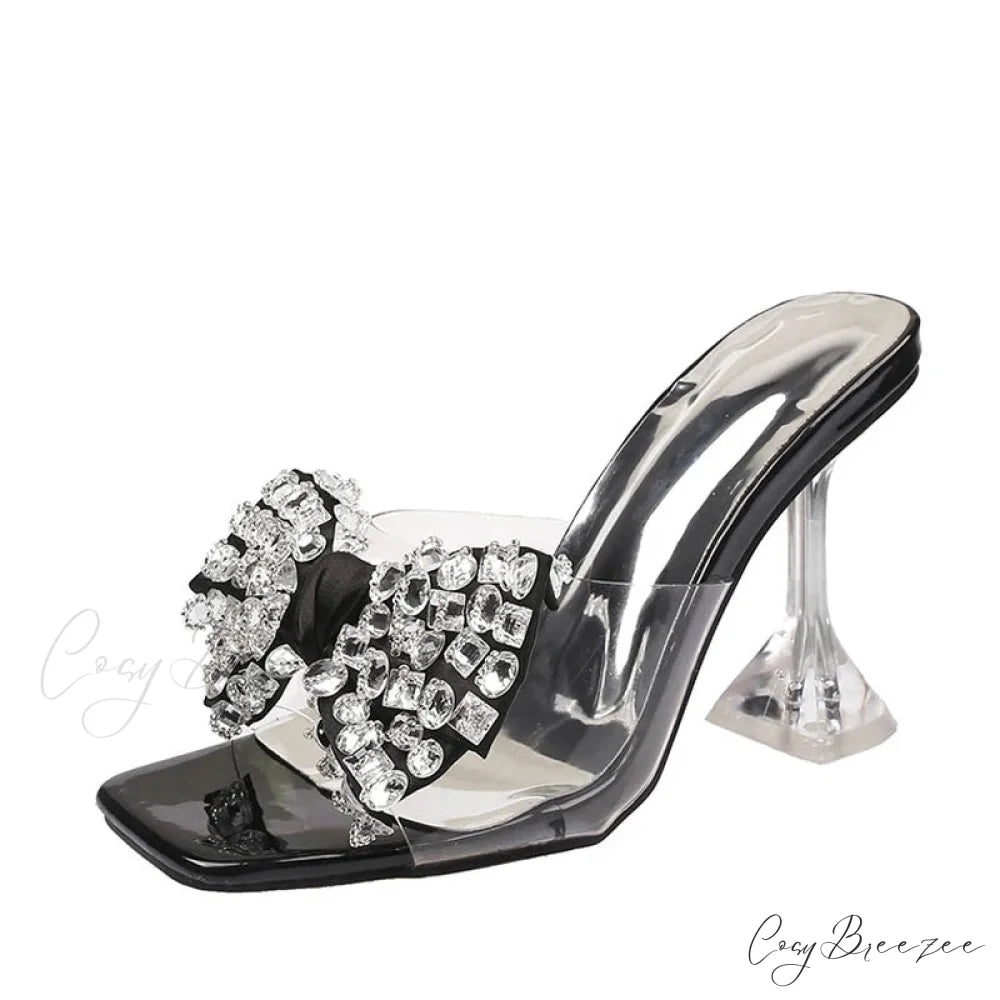 Big Size Women’s Clear High Heel Sandals with Crystal Bowknot Square Toe Black / 34