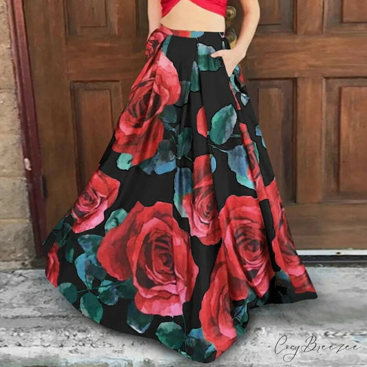 Big Swing Floral Print Long Skirt with Pockets Summer Black / S skirt-250126