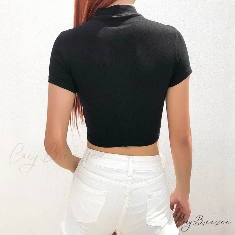 Biker High Neck Zip Front Long Sleeve Vibrant Cutout Mesh Buckled Crop Top - Black L / Black