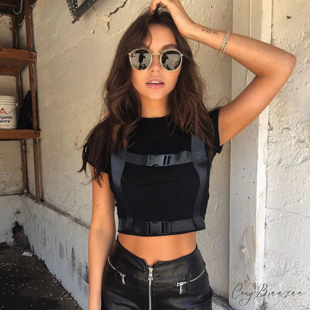 Biker High Neck Zip Front Long Sleeve Vibrant Cutout Mesh Buckled Crop Top - Black S / Black