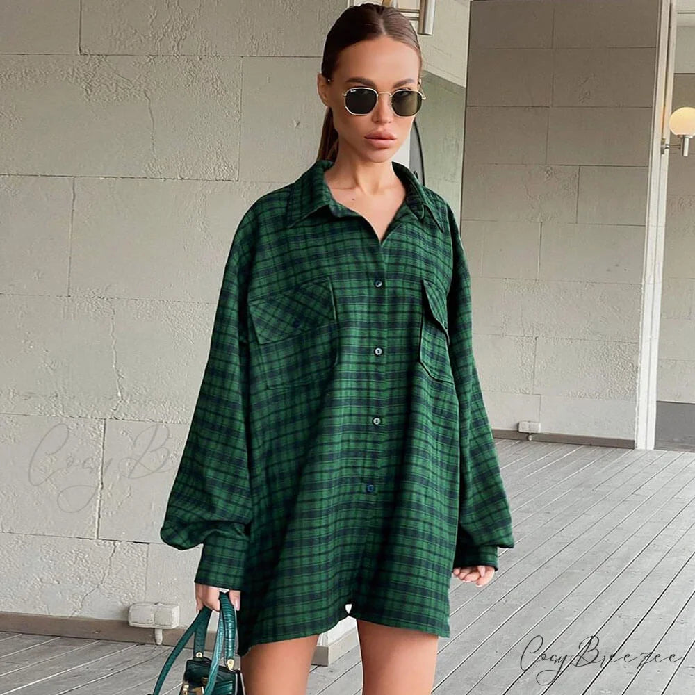 Bishop Sleeve Pointed Trendy Collar Shirt - Brown M / Emerald Green