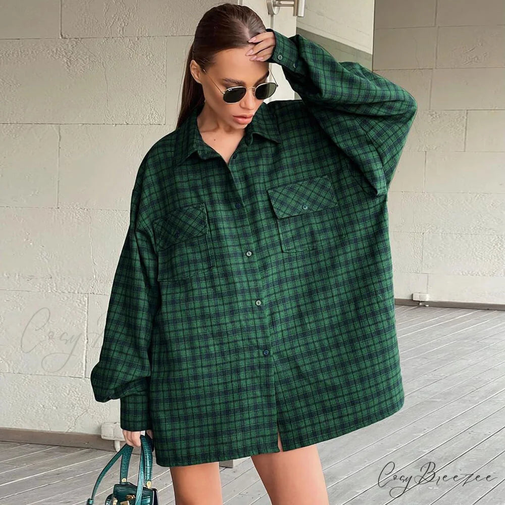 Bishop Sleeve Pointed Trendy Collar Shirt - Brown S / Emerald Green