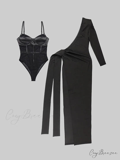 Black 2 Piece Set Sexy One Shoulder Long Ruched Elegant Christmas Party Dress