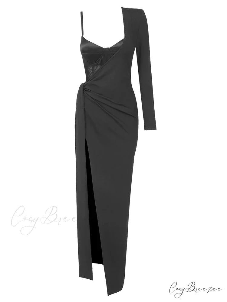 Black 2 Piece Set Sexy One Shoulder Long Ruched Elegant Christmas Party Dress Black / S