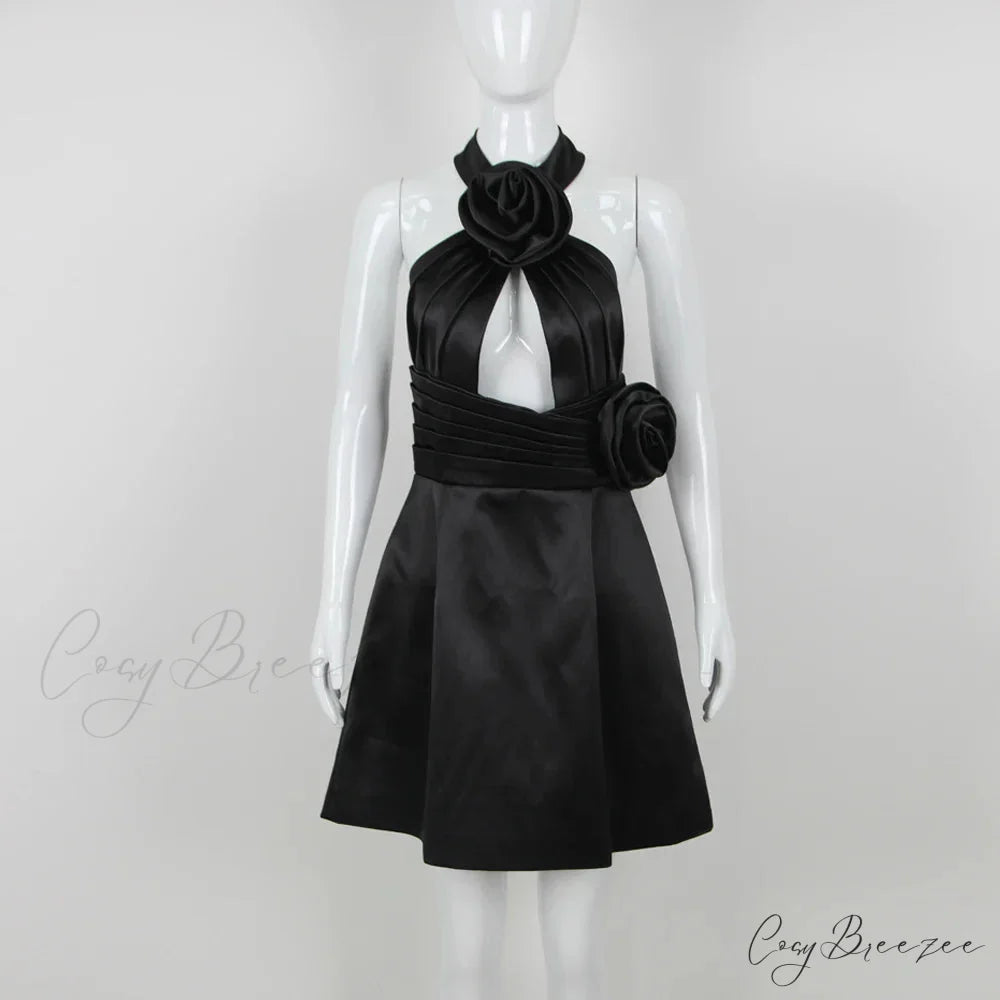 Black 3D Flower Halter Graceful Hollow Out Mini Dress