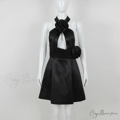 Black 3D Flower Halter Graceful Hollow Out Mini Dress