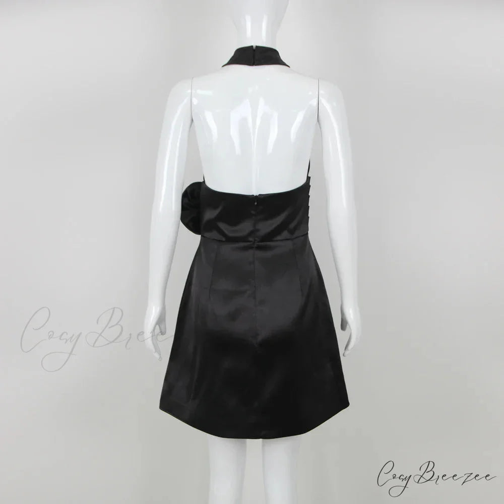 Black 3D Flower Halter Graceful Hollow Out Mini Dress