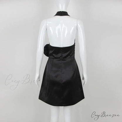 Black 3D Flower Halter Graceful Hollow Out Mini Dress