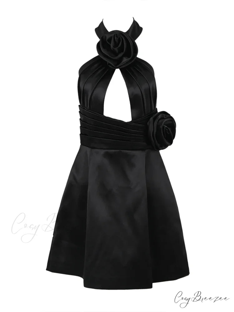 Black 3D Flower Halter Graceful Hollow Out Mini Dress