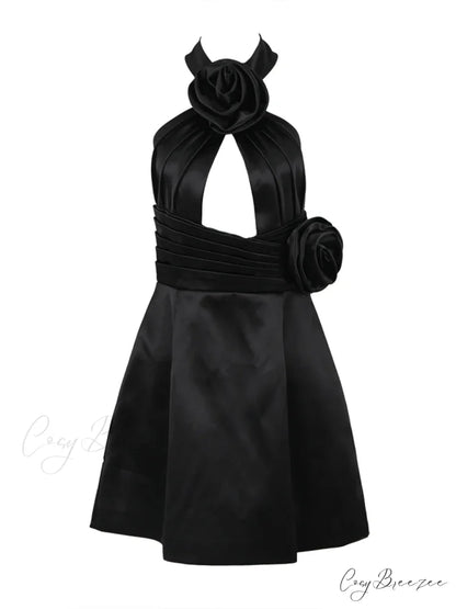 Black 3D Flower Halter Graceful Hollow Out Mini Dress
