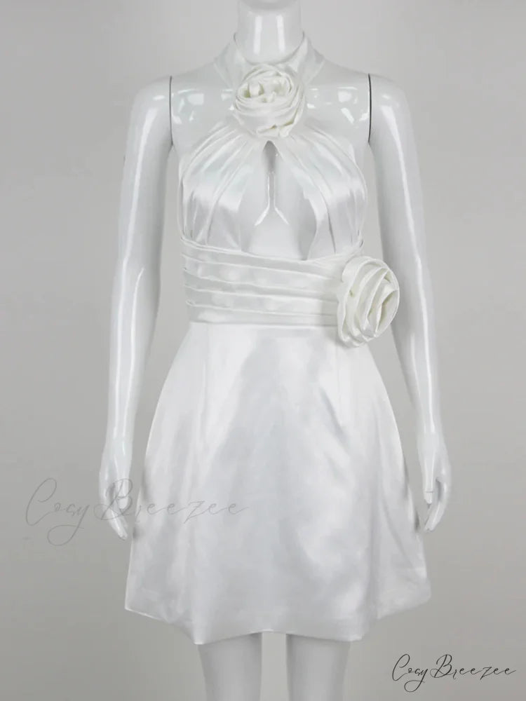 Black 3D Flower Halter Graceful Hollow Out Mini Dress WHITE / S