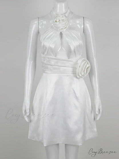 Black 3D Flower Halter Graceful Hollow Out Mini Dress WHITE / S