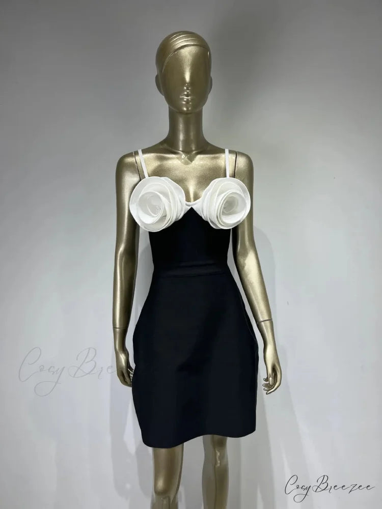 Black 3d Stylish Flower Mini Dress Black / L