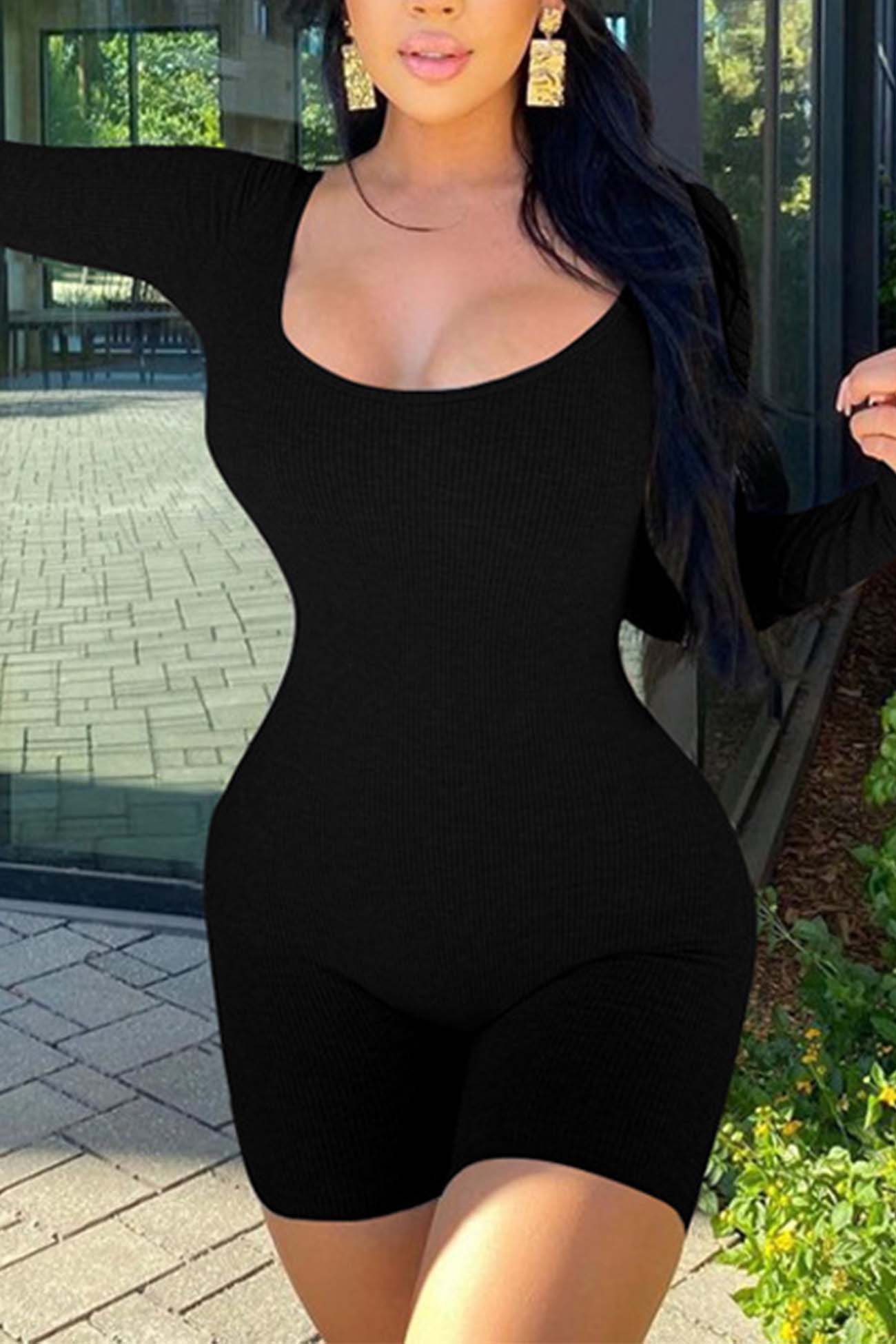 U Neck Bodycon Rompers - Long Sleeve