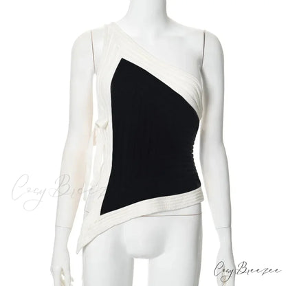 Black and White Colorblock Graceful Asymmetrical One Shoulder Top