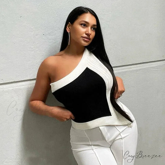 Black and White Colorblock Graceful Asymmetrical One Shoulder Top