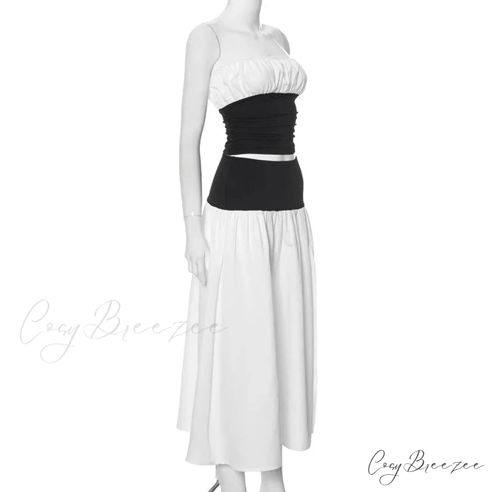 Black and White Patchwork Tube Trendy Top And Slit Long Skirt Set