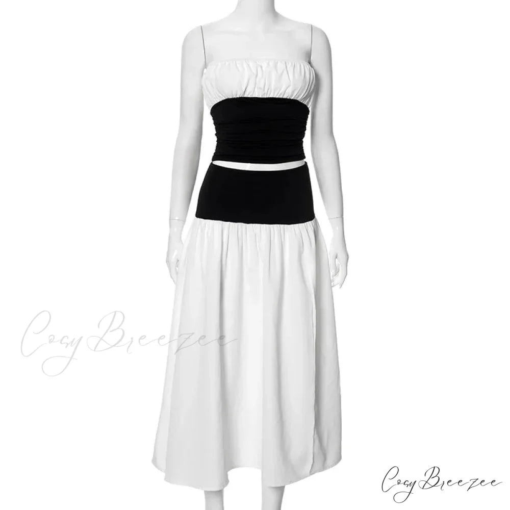 Black and White Patchwork Tube Trendy Top And Slit Long Skirt Set