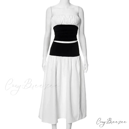 Black and White Patchwork Tube Trendy Top And Slit Long Skirt Set
