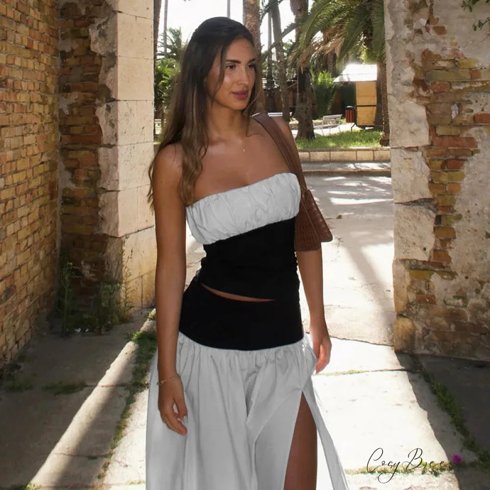 Black and White Patchwork Tube Trendy Top And Slit Long Skirt Set