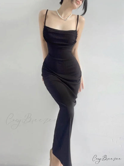Black Backless Bodycon Dress L / Coffee