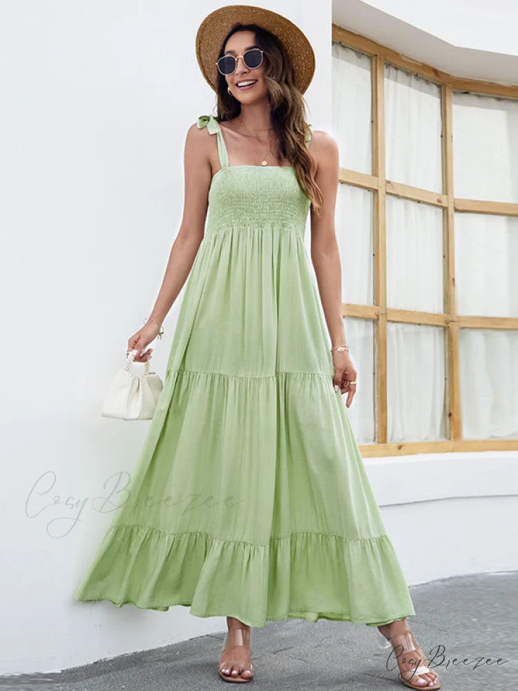 Black Backless Ruffle Trim Dress with Tie M / Green