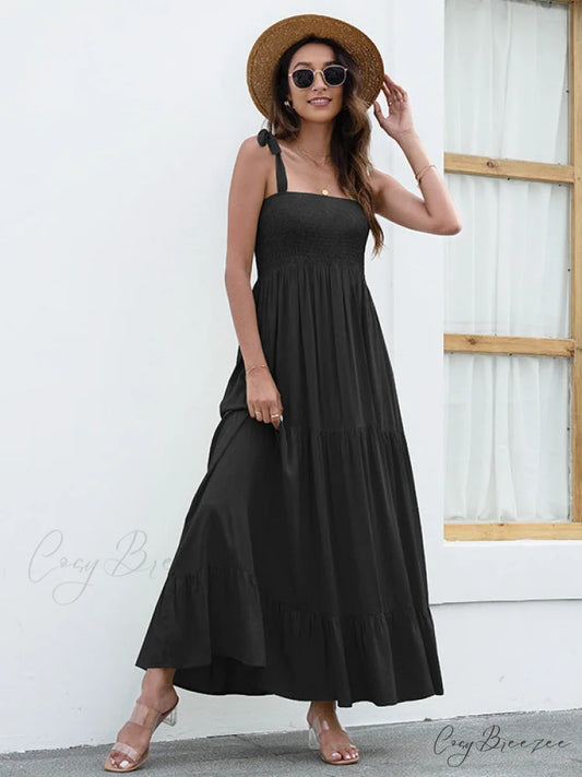 Black Backless Ruffle Trim Dress with Tie S / Black