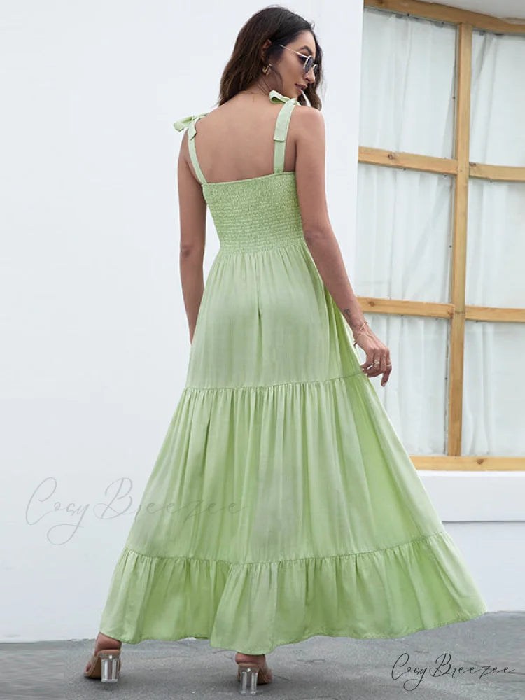 Black Backless Ruffle Trim Dress with Tie S / Green
