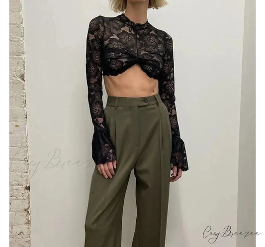 Black Bell Sleeved Charming Lace Crop Top 4 Days / 4 / S / Black