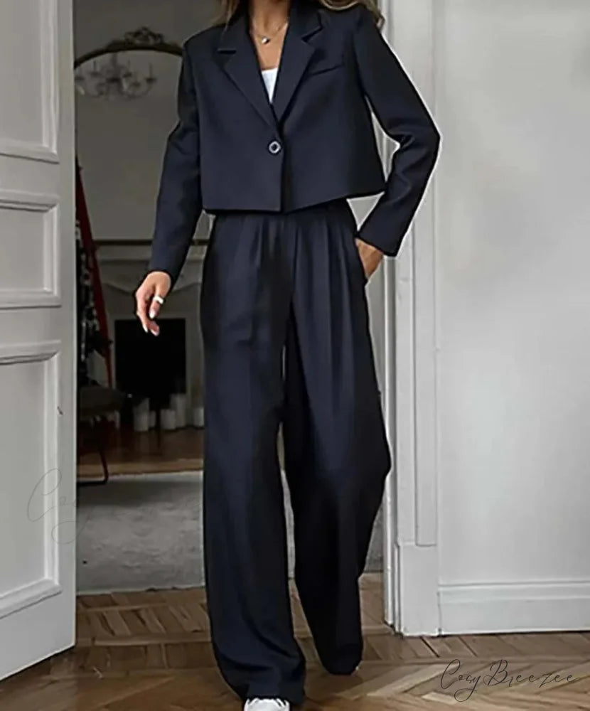 Black Blue Single Button Blazer Office Set officetwopieceset-250223