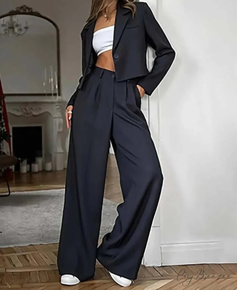 Black Blue Single Button Blazer Office Set black blue / S officetwopieceset-250223