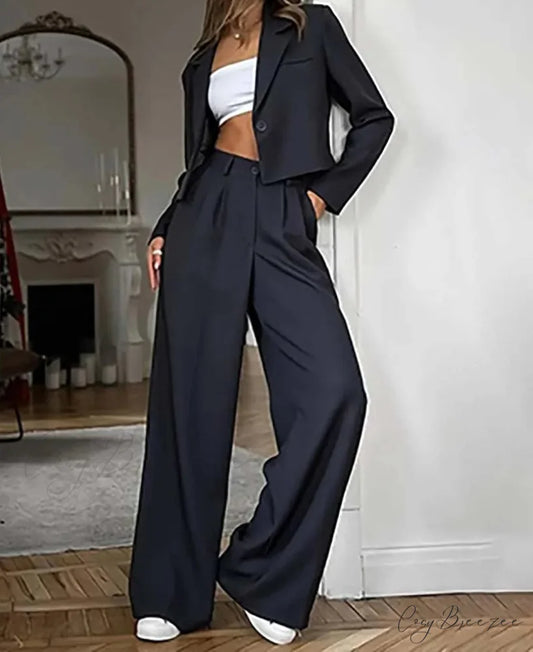 Black Blue Single Button Blazer Office Set black blue / S officetwopieceset-250223