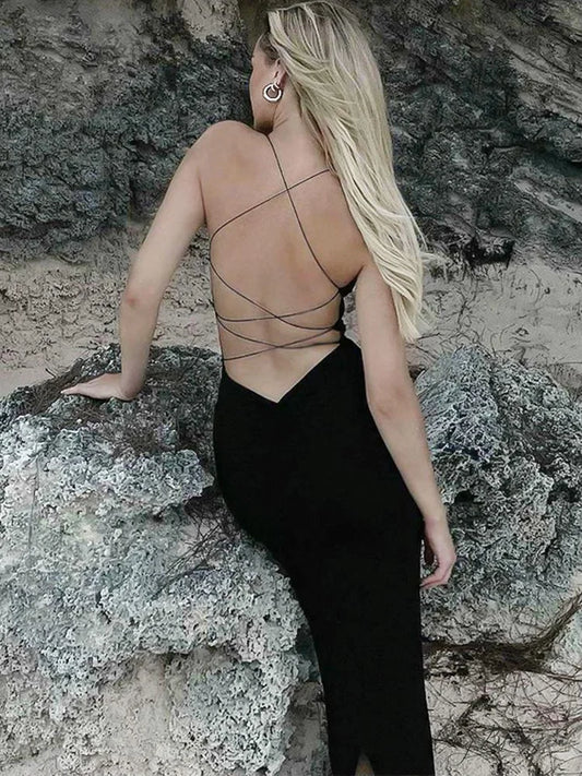 Black Bodycon Backless Charming Thin Strap Maxi Dress S
