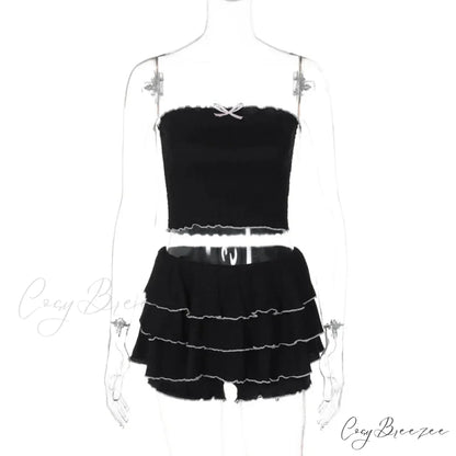 Black Bow Crop Top Graceful Ruffled Mini Skirt Set