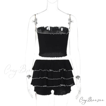 Black Bow Crop Top Graceful Ruffled Mini Skirt Set